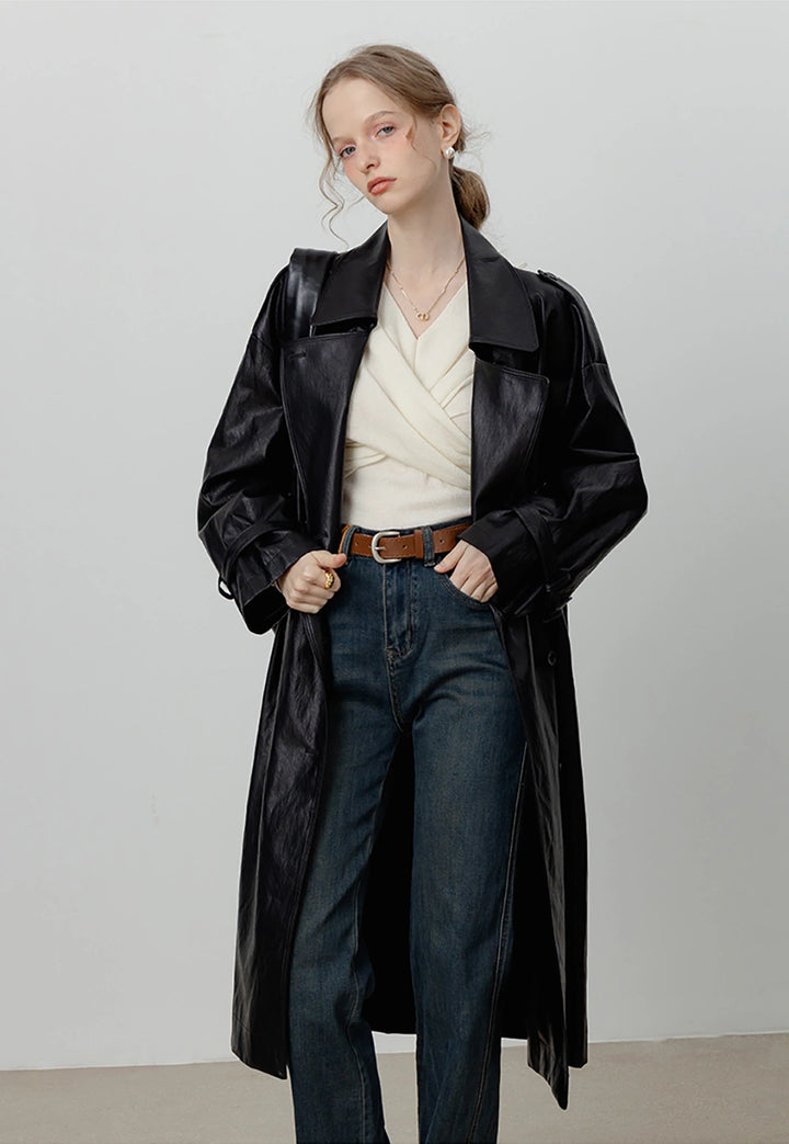 Women's Oversized Double-Breasted Faux Leather Trench Coat