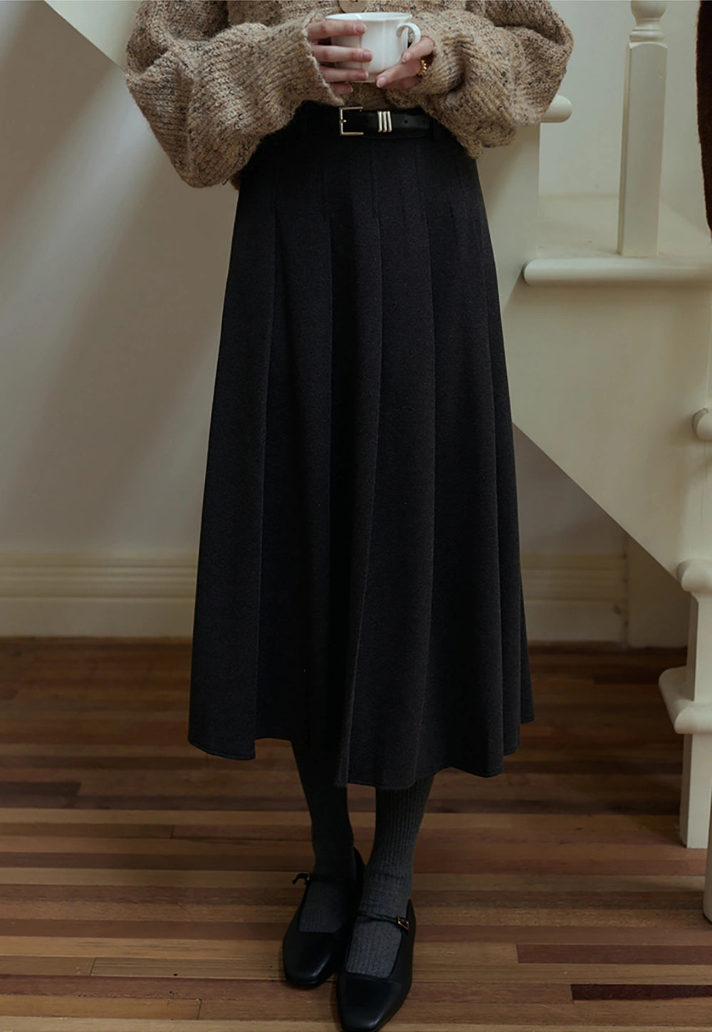 Women's Pleated Midi Skirt with Belt.