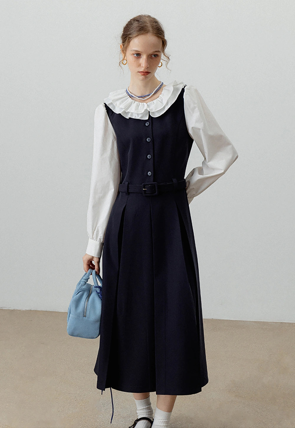 Women's Peter Pan Collar Belted Midi Dress with Long Sleeves