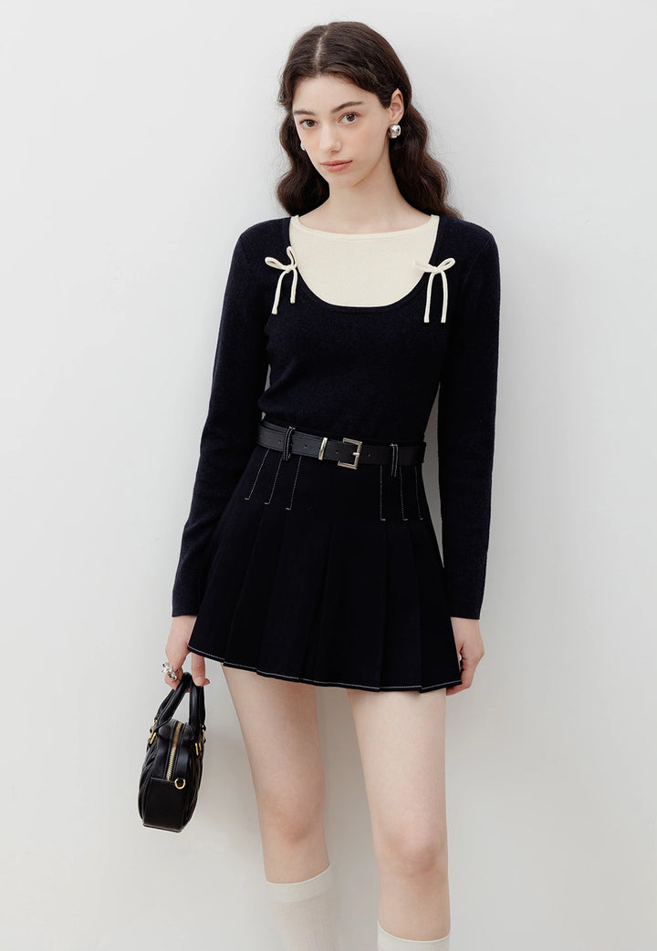 Tied Square Neck Black Long Sleeve Knit Top