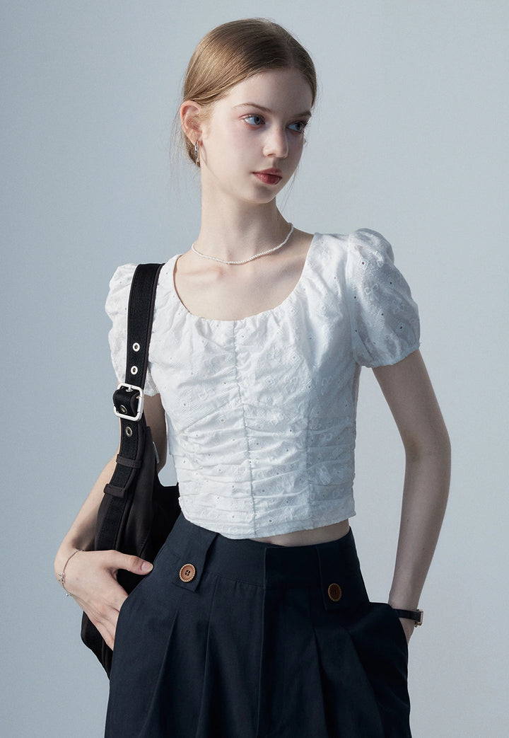 Women's White Eyelet Puff Sleeve Top