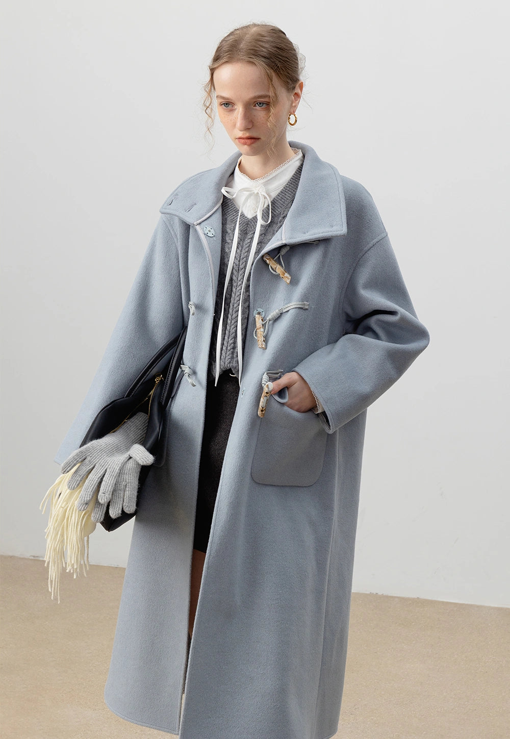 Women's Long Toggle Wool Coat with Patch Pockets