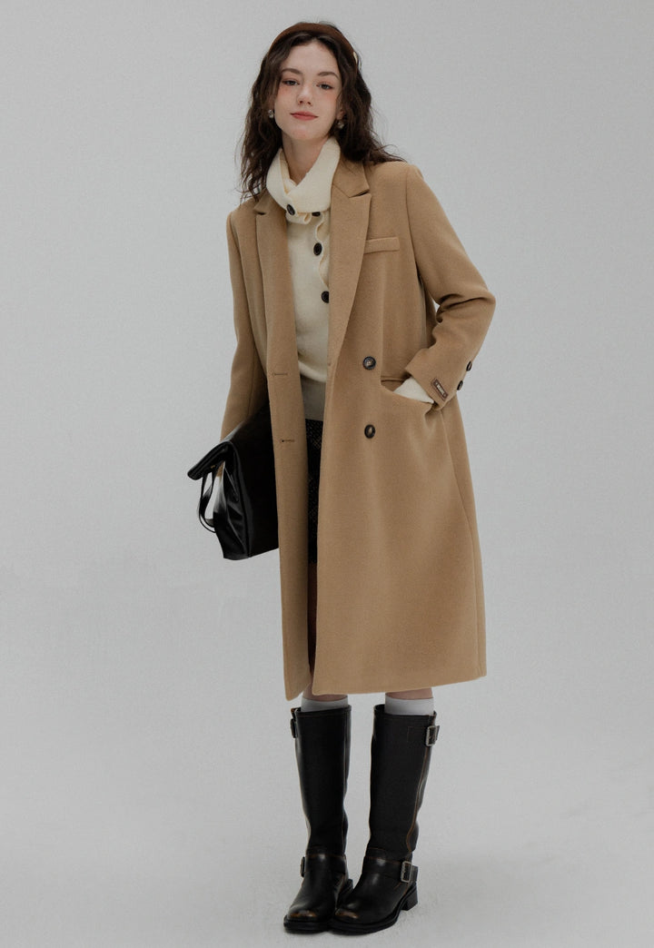 Women's Brown Double-Breasted Long Coat with Notched Lapel and Front Pockets