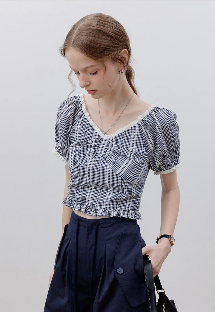 Women's Gingham Puff Sleeve Crop Top