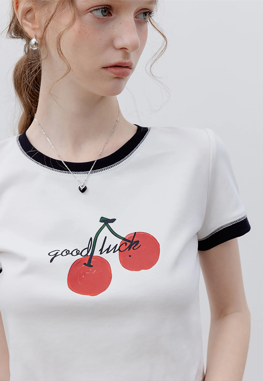 Women's Ringer Tee with Cherry 'Good Luck' Graphic