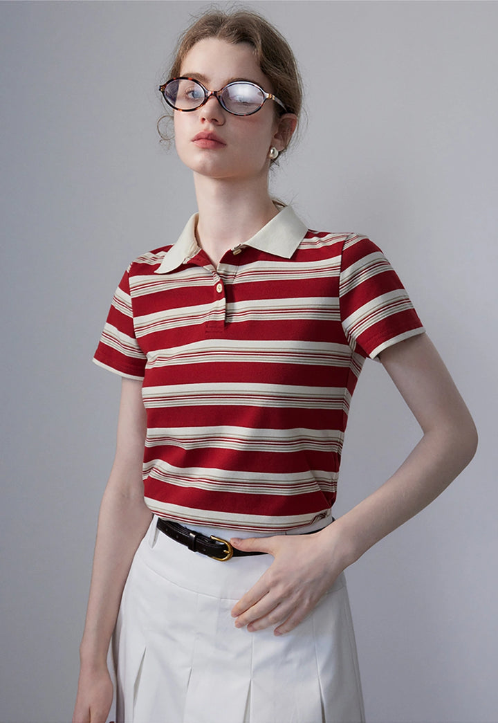 Women's Striped Polo Shirt with Contrast Collar