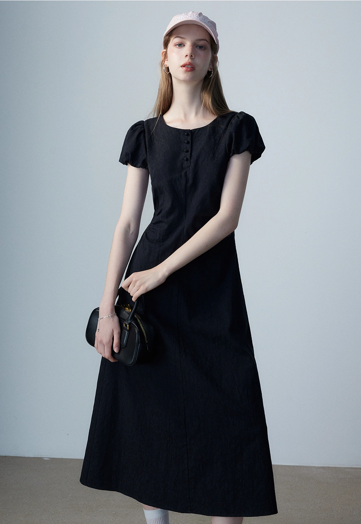 Women's Black Puff-Sleeve Midi Dress