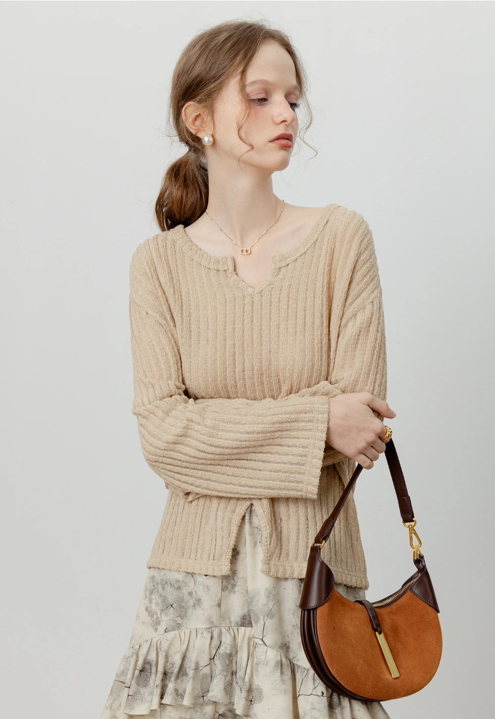 Women's Beige Knitted Top with Center Slit