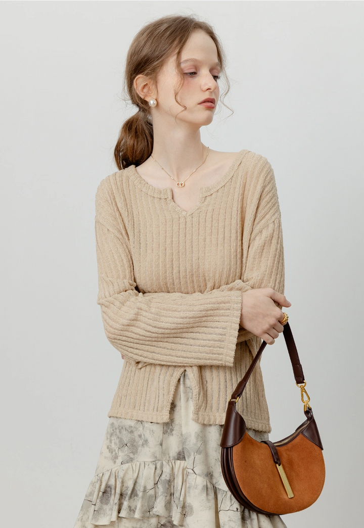 Women's Beige Knitted Top with Center Slit