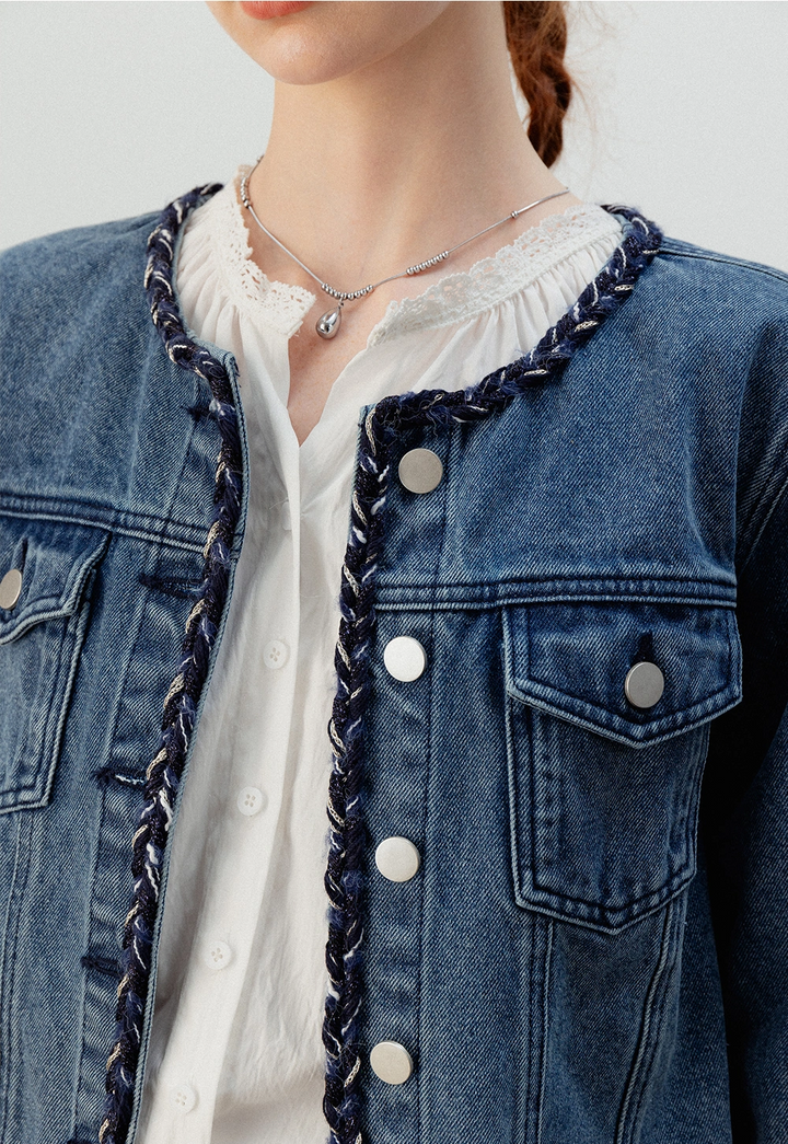 Denim Jacket and Skirt Set with Braided Trim