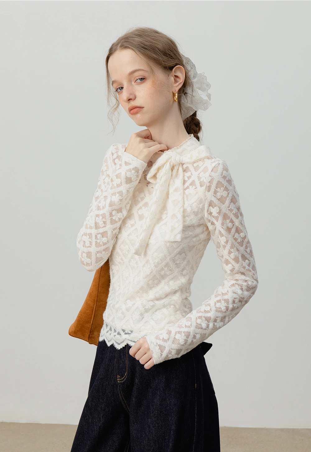 Lace Bow-Tie Long-Sleeve Top