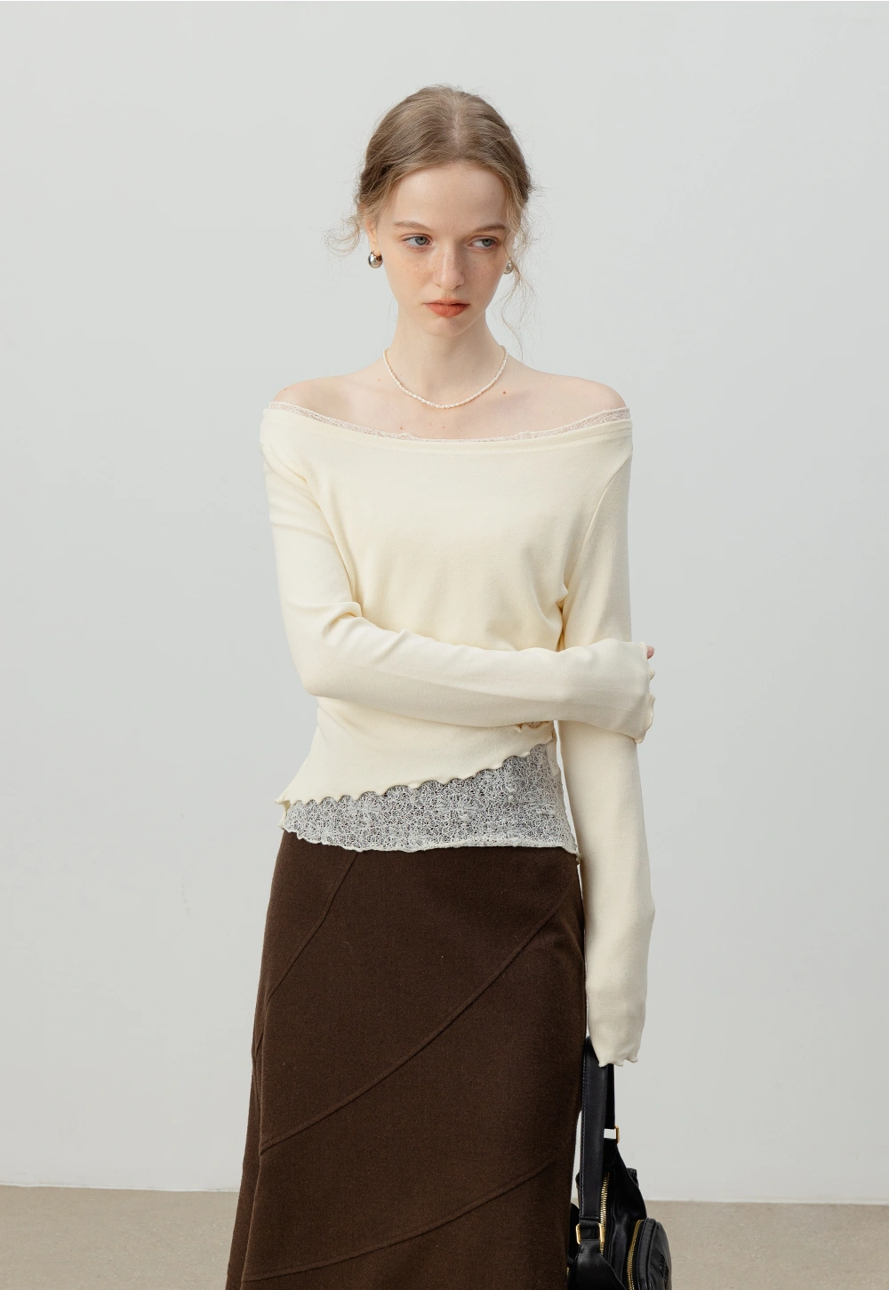 Asymmetrical Lace-Trimmed Long-Sleeve Top