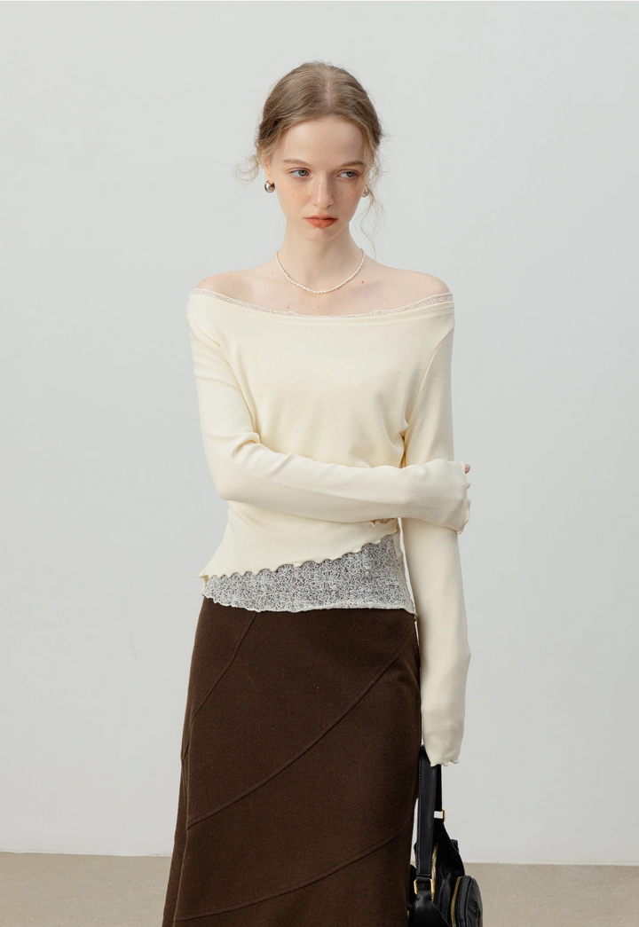 Asymmetrical Lace-Trimmed Long-Sleeve Top