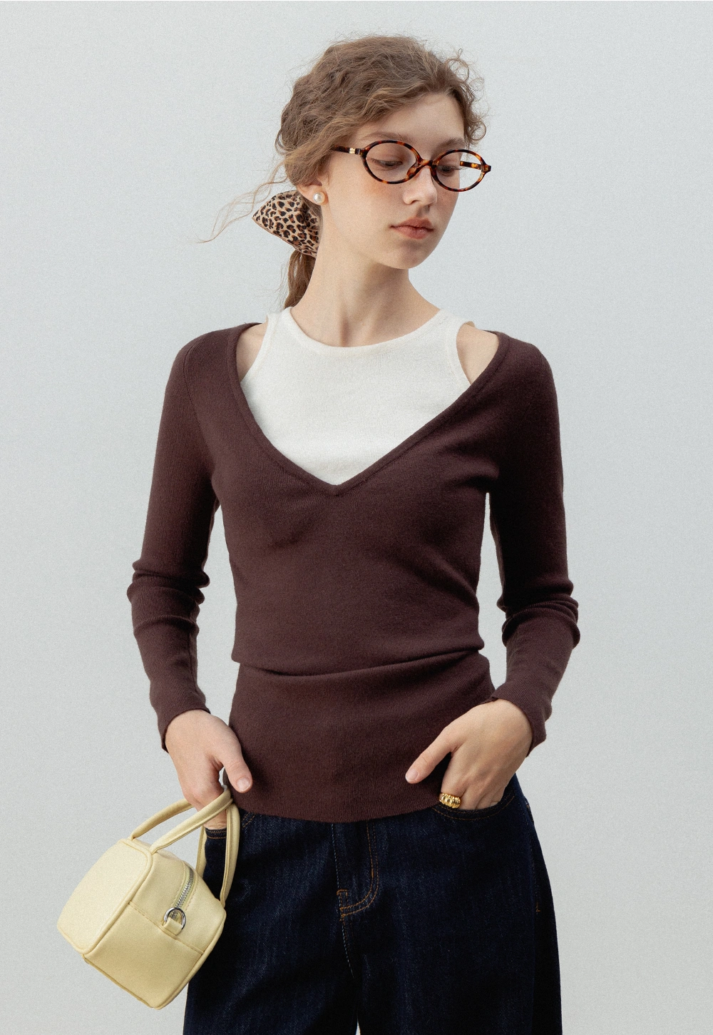 Women's V-Neck Cutout Sweater with Layered Look