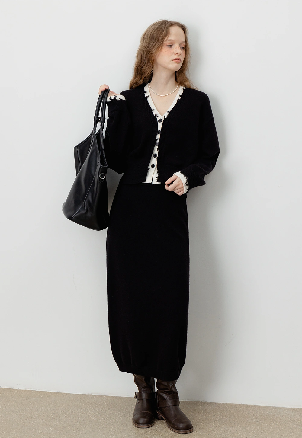 Chic Black Cardigan and Midi Skirt Set