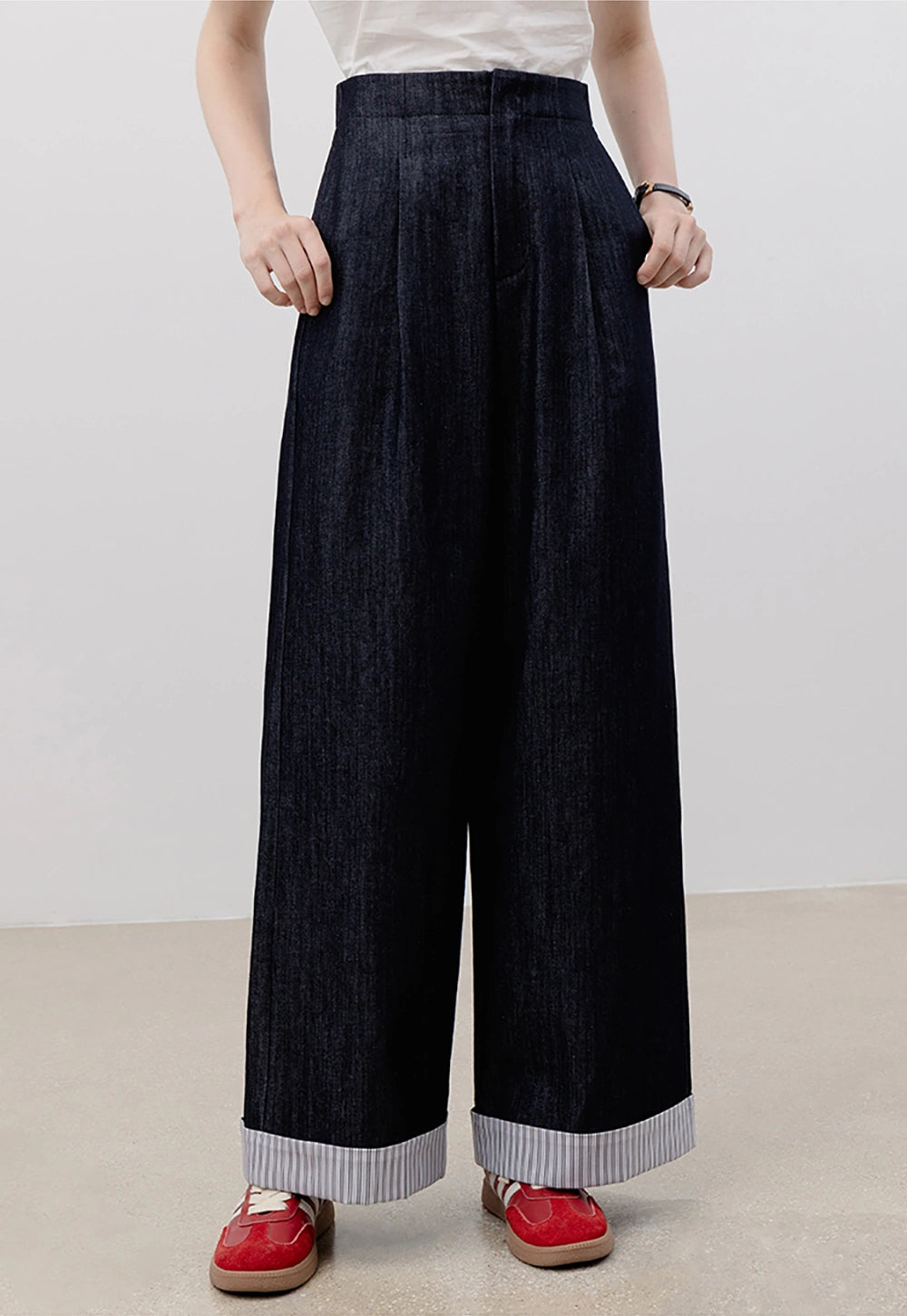 Women's Wide-Leg Denim Pants with Striped Cuffs