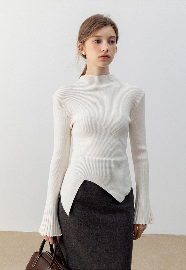 Ribbed High- Neck Sweater with Flared Sleeves