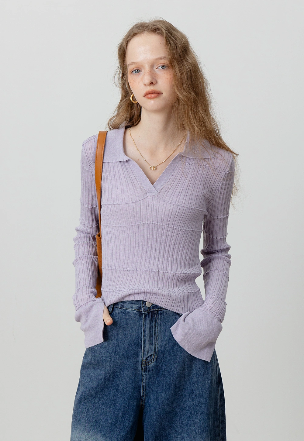 Ribbed Knit Polo Long Sleeve Collar Top