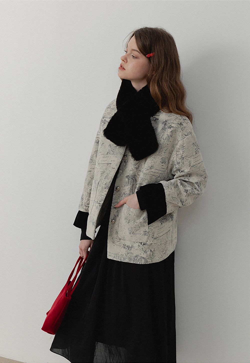 Women’s Chinese Ink Painting Inspired Warm Coat with Collar