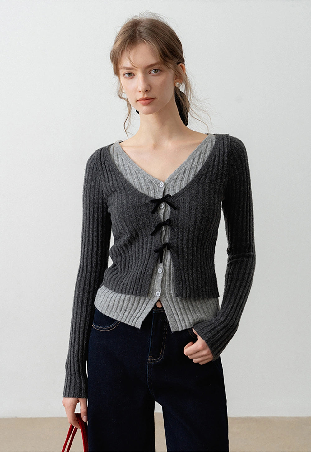 Women's V-Neck Ribbed Knit Cardigan