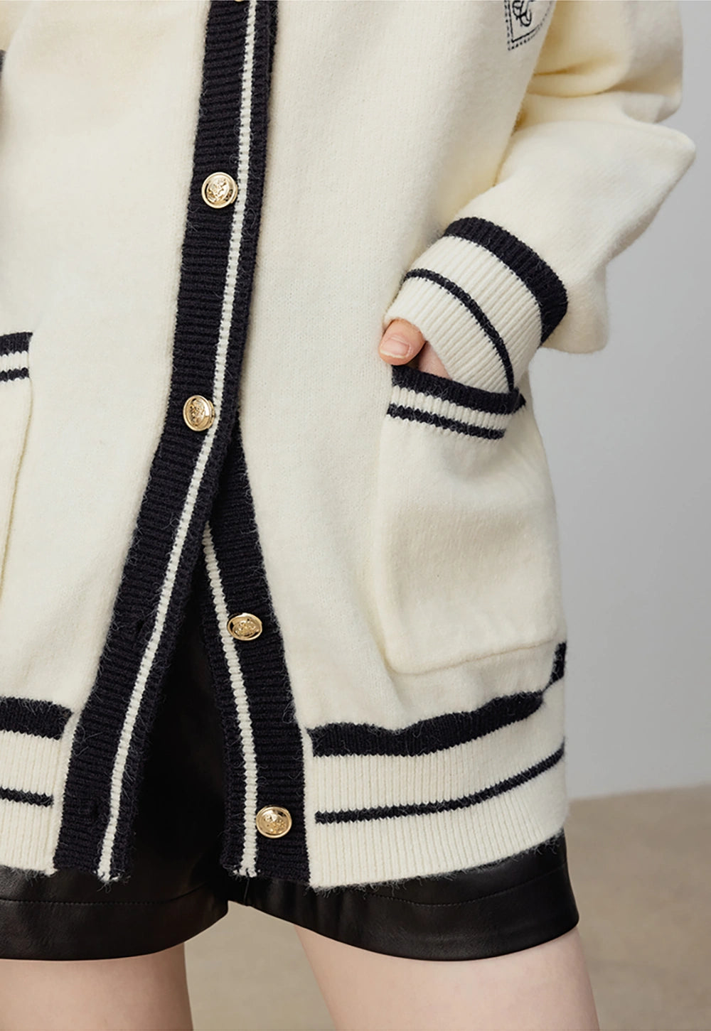 White Knit Cardigan with Black Trim