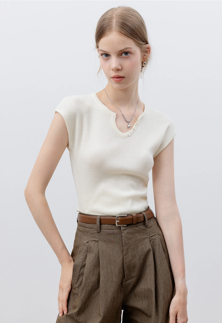 Women's Ribbed Knit Top with Button Detail