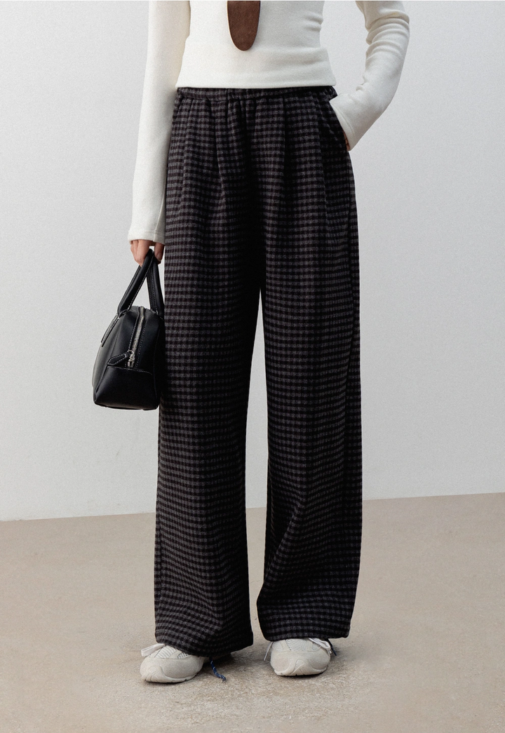 Women's Elastic Waist Wool Plaid Pants