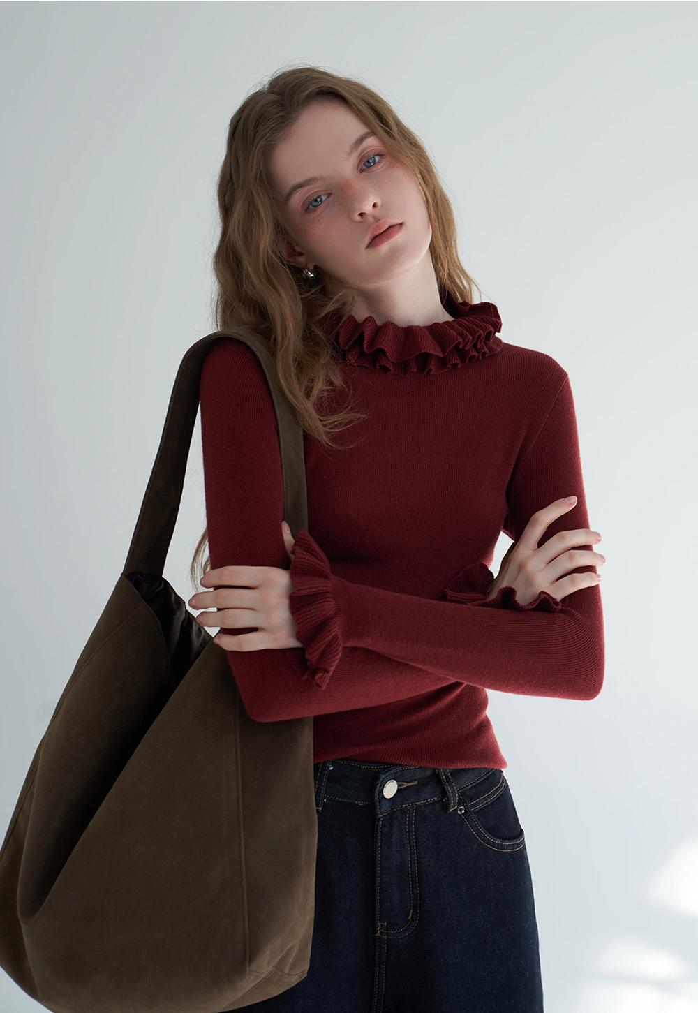 Women's Ruffle Collar Long Sleeve Knit Top