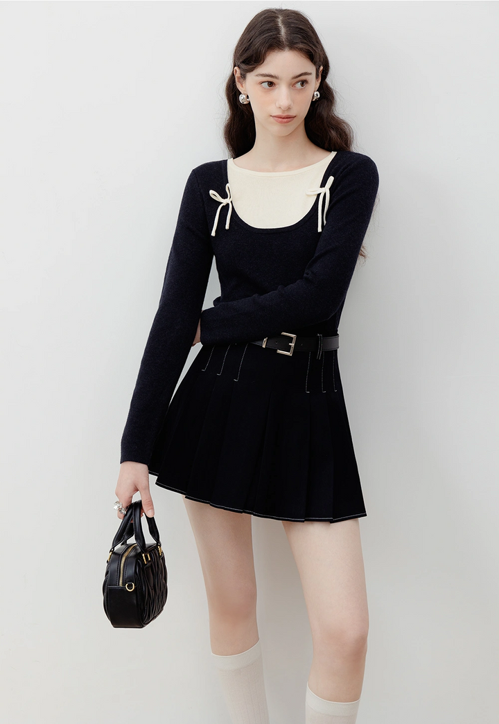 Tied Square Neck Black Long Sleeve Knit Top