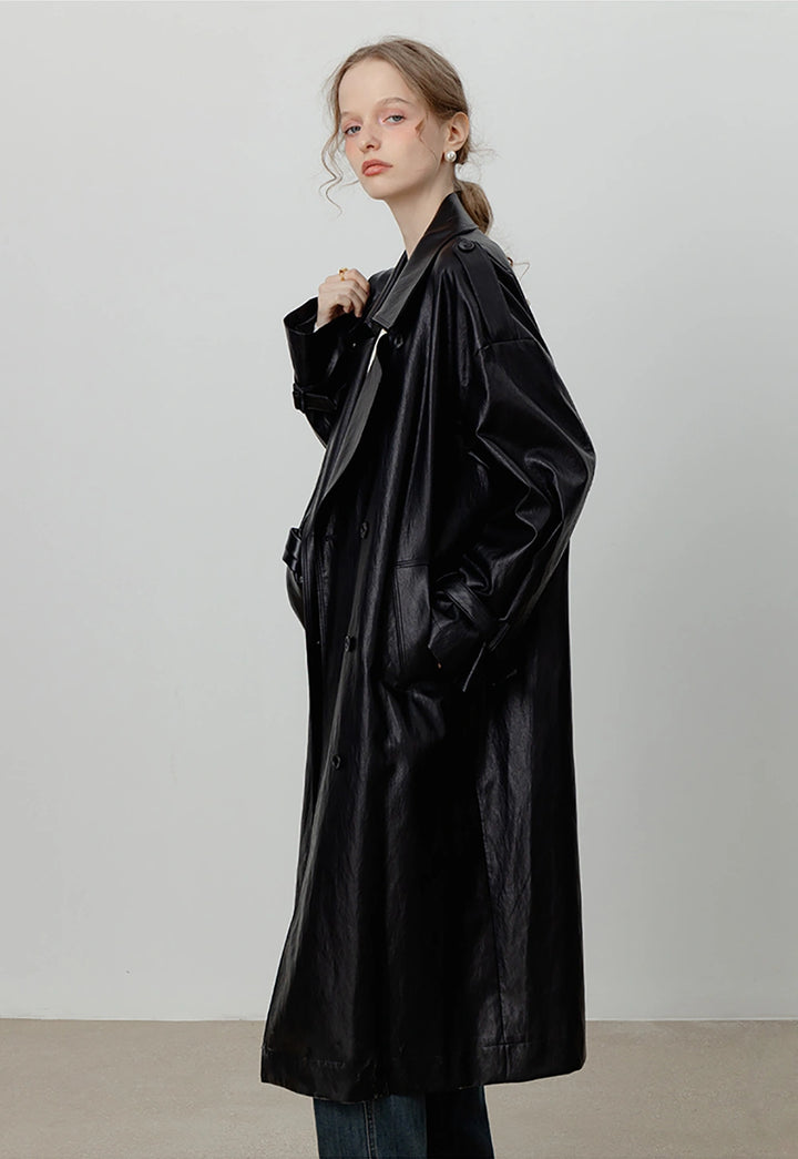 Women's Oversized Double-Breasted Faux Leather Trench Coat