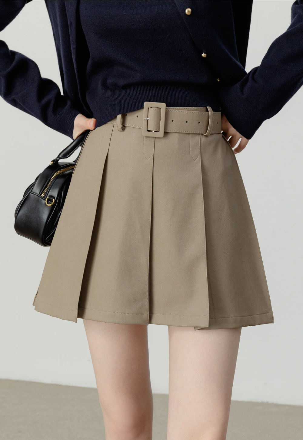 Khaki High-Waist Mini Skirt with Belt