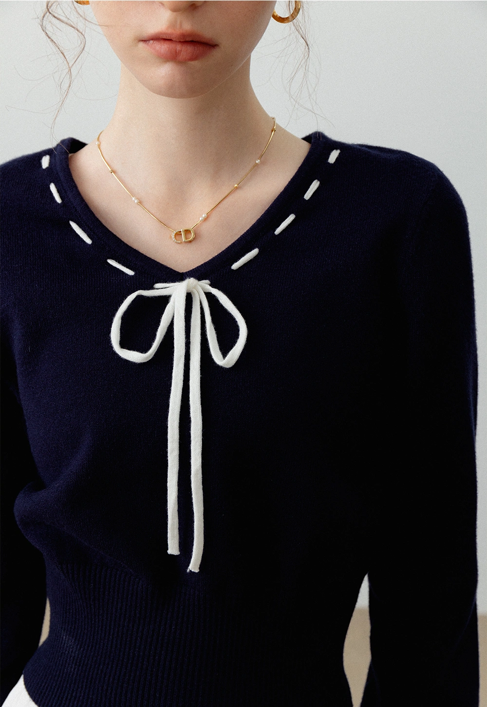 Women's Navy Knit Sweater with Ribbon Tie Detail