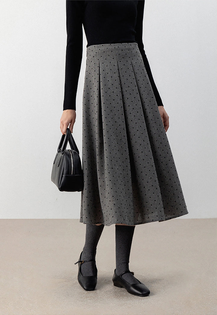 Gray Pleated Polka Dot Midi Skirt