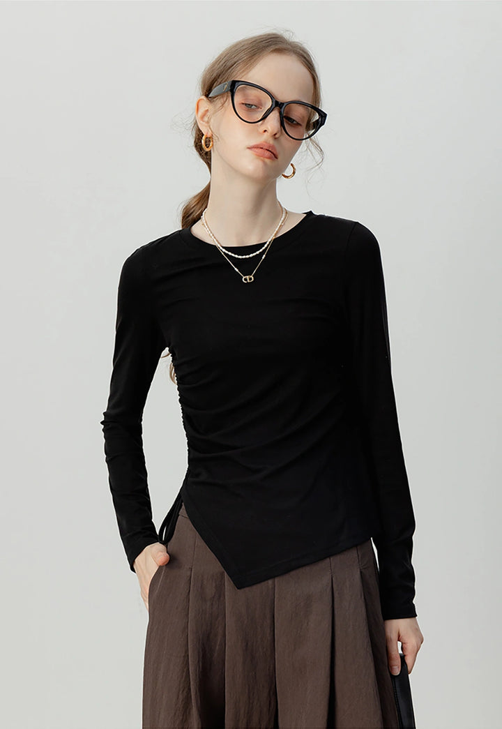 Ruched Side-Tie Long-Sleeve Top