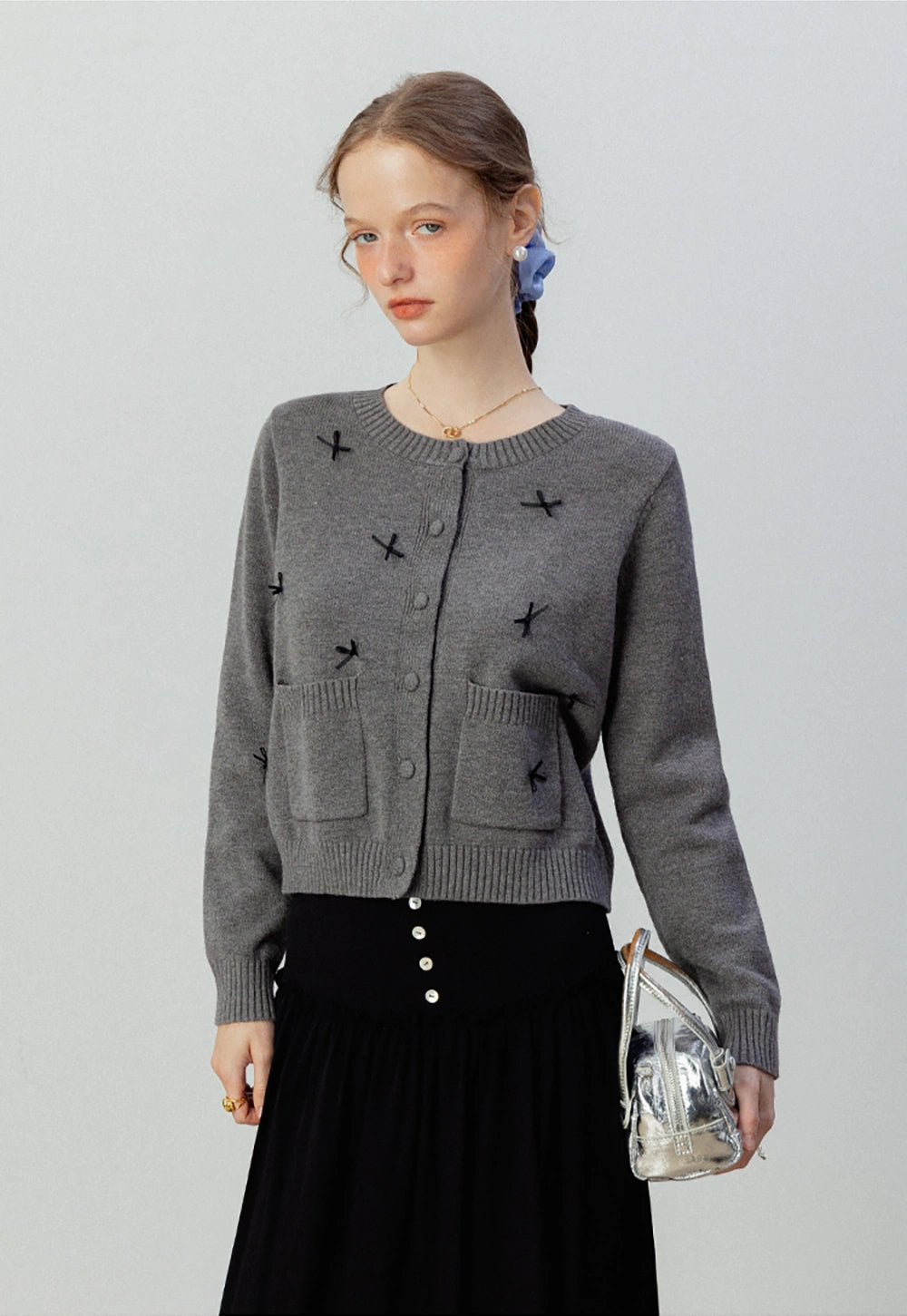 Gray Knit Cardigan with Bow Details