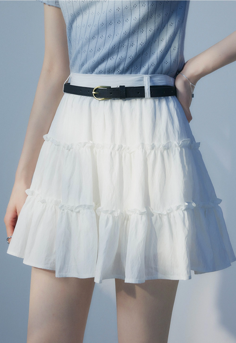 Elegant Bliss: Ruffled Layered Mini Skirt with Slim Belt