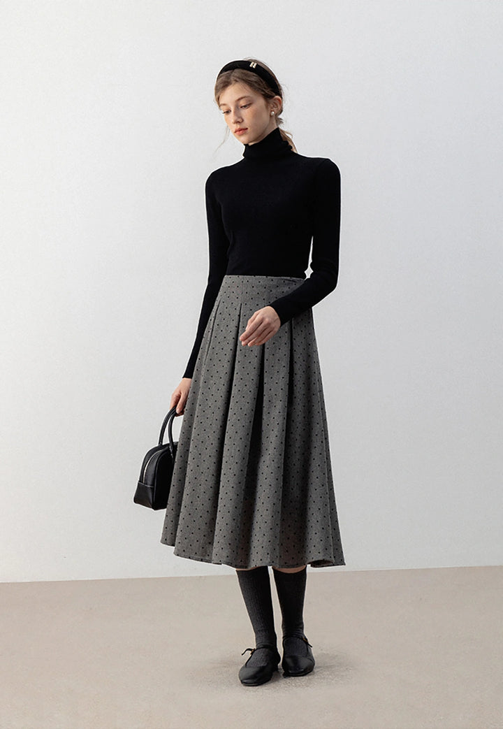 Gray Pleated Polka Dot Midi Skirt