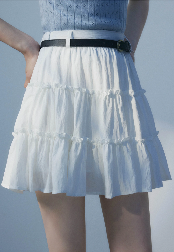 Elegant Bliss: Ruffled Layered Mini Skirt with Slim Belt