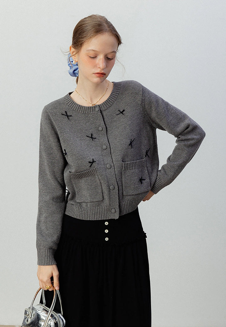 Gray Knit Cardigan with Bow Details