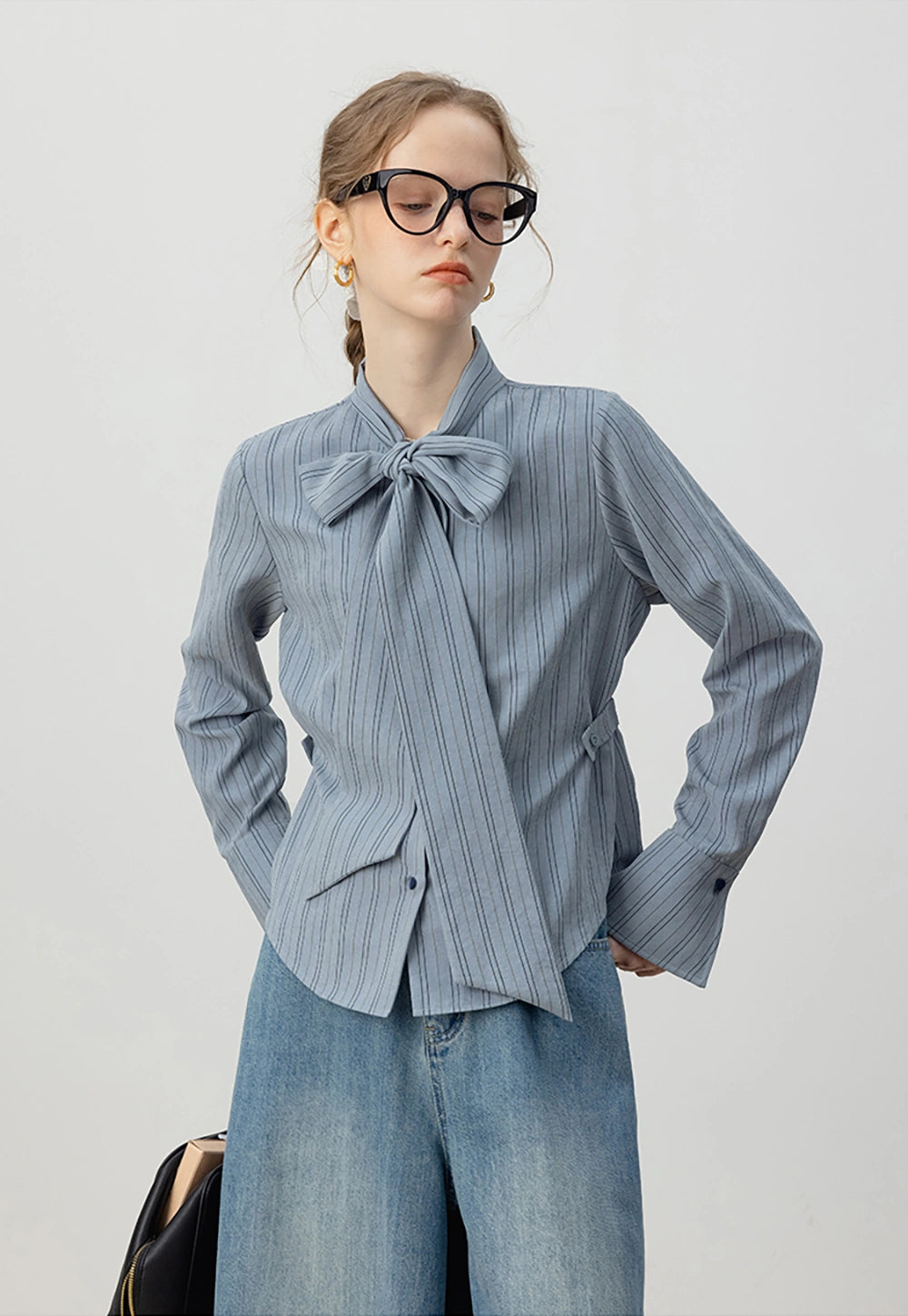 Striped Tie-Neck Blouse with Cuffed Sleeves