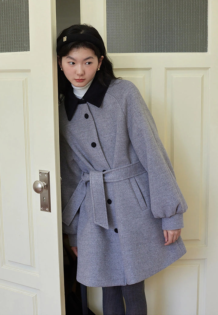 Wool Coat with Contrast Collar and Belted Waist