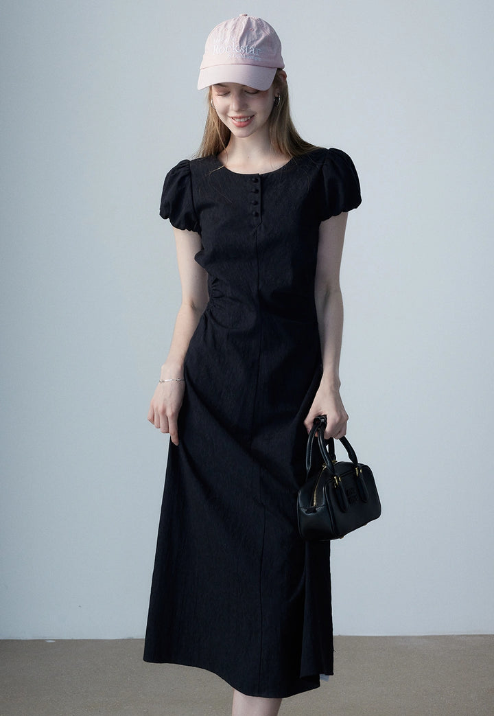 Women's Black Puff-Sleeve Midi Dress