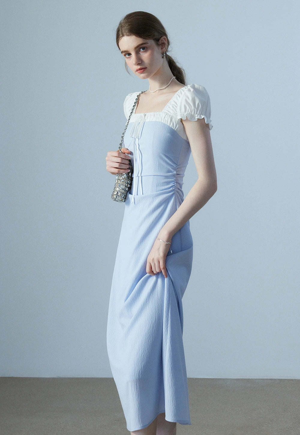 Women's Puff Sleeve Midi Dress in Blue and White