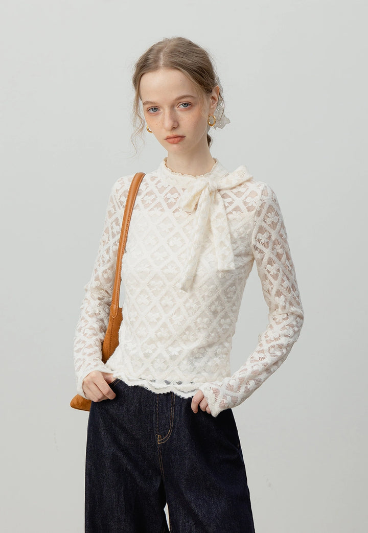 Lace Bow-Tie Long-Sleeve Top