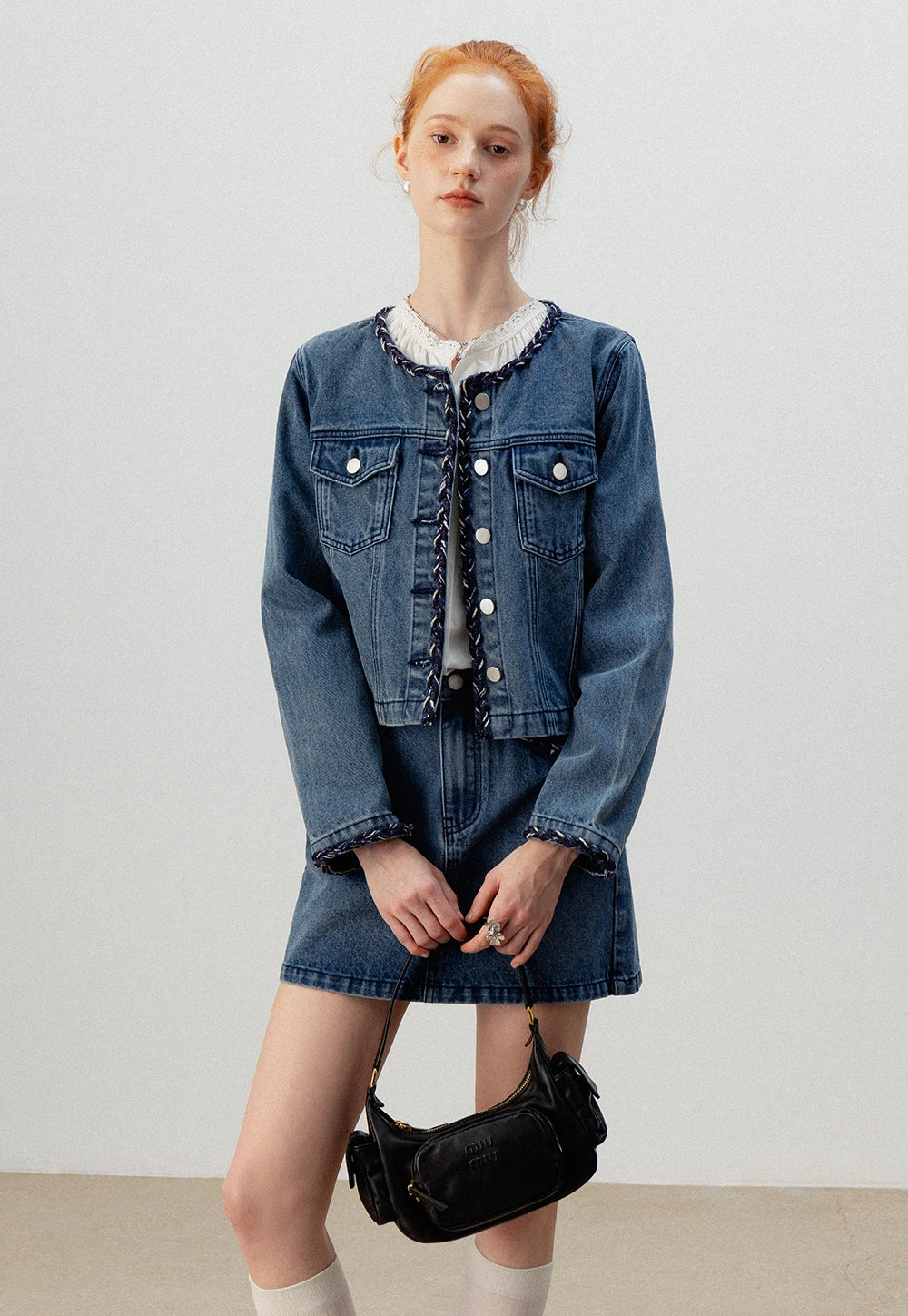 Denim Jacket and Skirt Set with Braided Trim