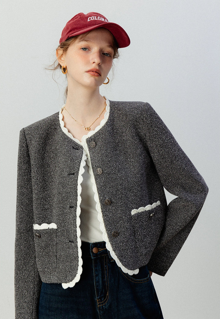 Scalloped Trim Tweed Cropped Jacket