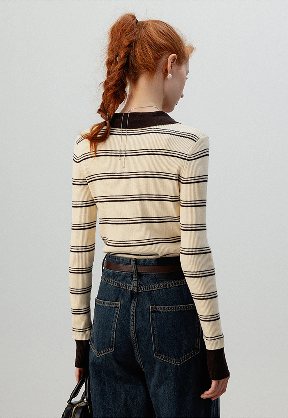 Chic Striped Cropped Polo Long Knitwear