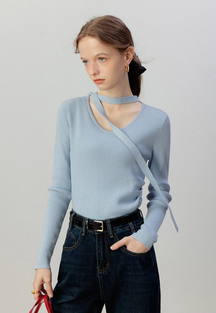 Women's Slim-Fit Knit Long Sleeve Top with Elegant Tie Detail