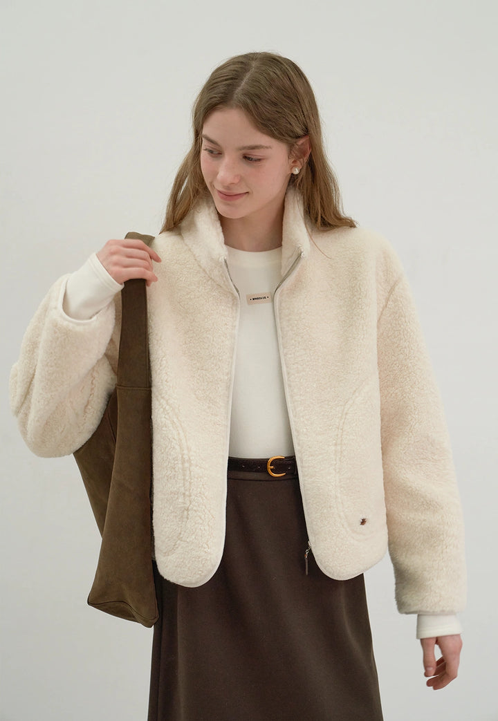 Lambswool Stand Collar Fur Short Coat