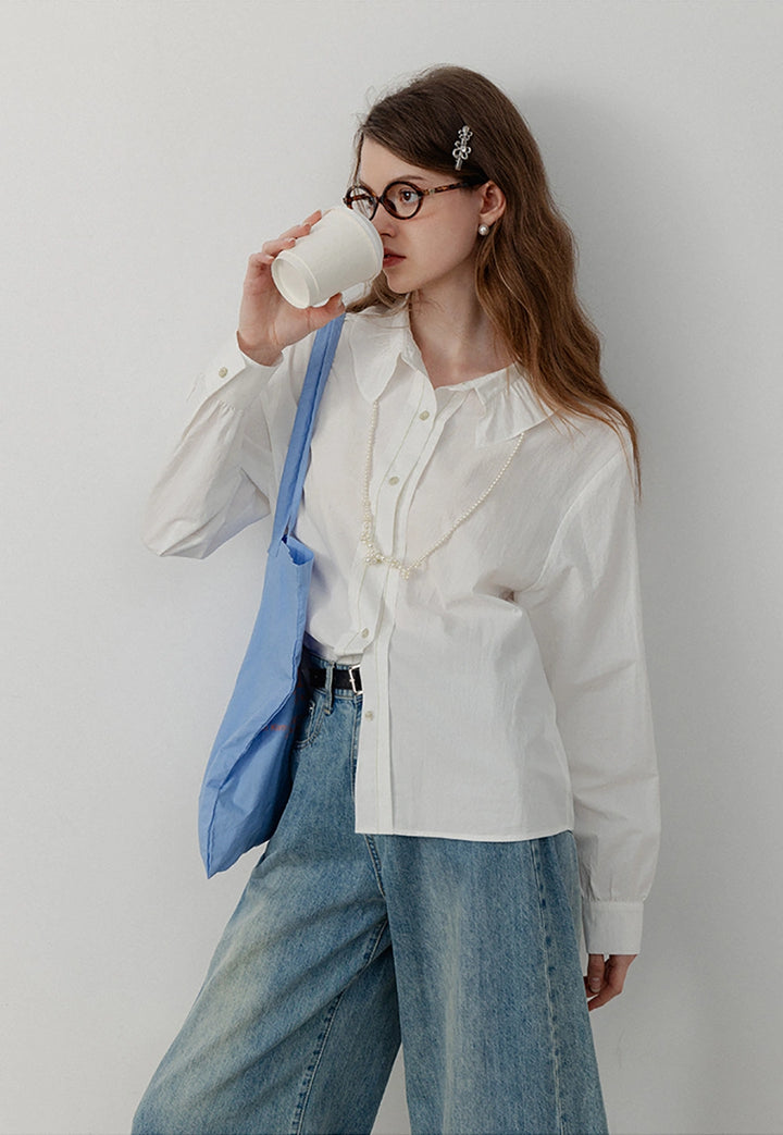 Feminine Ruffled Collar White Shirt